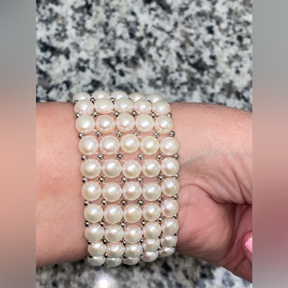 New Effy Pearl Stretch Bracelet, Sterling Silver 1.5” wide